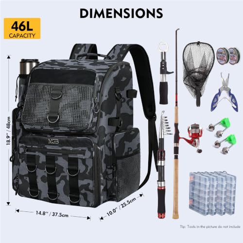 MGB 46L Fishing Tackle Backpack with 2 Rod Holders & YKK Zipper Storage Fishing Gear and Equipment, Gifts for Men Father - color: Blue+Black Camo（without Tackle Box）