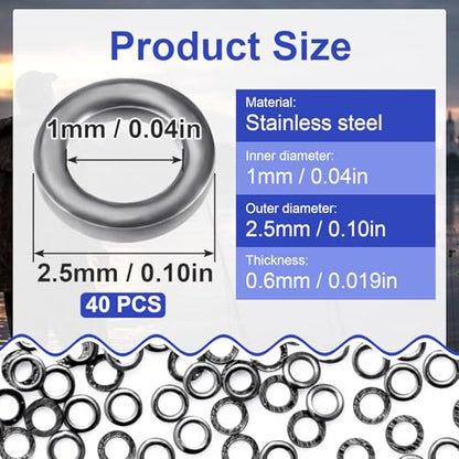 Pndeyo Fly Fishing Tippet Rings, Solid Tippet Connectors, Stainless Steel Freshwater Fishing Line Leaders - size: 40pcs 2.5mm