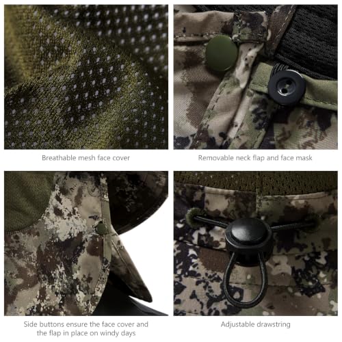 BASSDASH UPF 50+ Breathable Sun Hat with Removable Face Cover and Neck Flap Wide Brim Bucket Hat for Fishing Hiking Men Women - color: Grunge Camo