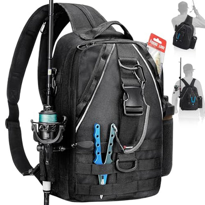 Piscifun Fishing Backpack with Rod Holder, Lightweight Sling Bag Storge Gear and Equipment - color: Black, size: Large, style: Latch
