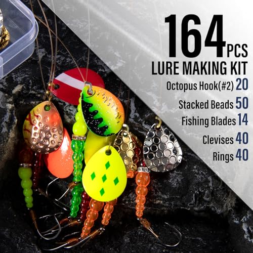 Alwonder 164 Pieces Lure Making Kit for Walleye Kokanee Trolling Fishing Rigs, Lure Making Supplies Inline Spinners Rigs Parts Crawler Harness Trout Bass Salmon Colorado Blades Stacked Fishing Beads