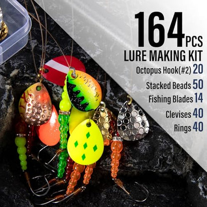 Alwonder 164 Pieces Lure Making Kit for Walleye Kokanee Trolling Fishing Rigs, Lure Making Supplies Inline Spinners Rigs Parts Crawler Harness Trout Bass Salmon Colorado Blades Stacked Fishing Beads