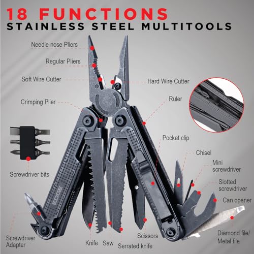 EDGE Multi-Tool Pliers, 14-in-1 Stainless Steel Multitool with Knife, Saw, Scissors, Wire Cutter & Screwdriver Bits, Compact Folding Pocket Tool for Camping, Survival, Fishing & Car Emergency (Black) - color: Black