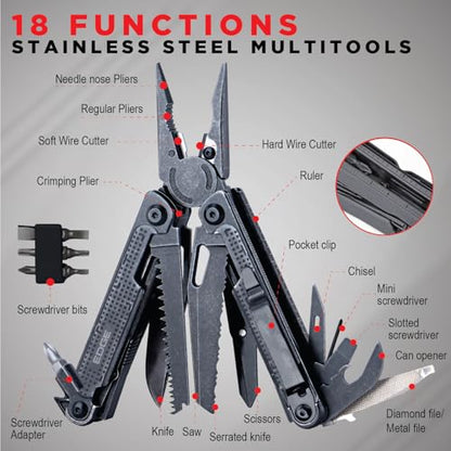 EDGE Multi-Tool Pliers, 14-in-1 Stainless Steel Multitool with Knife, Saw, Scissors, Wire Cutter & Screwdriver Bits, Compact Folding Pocket Tool for Camping, Survival, Fishing & Car Emergency (Black) - color: Black
