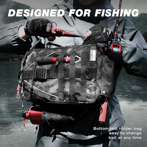 Ghosthorn Fishing Backpack with Tackle Boxes Fish Lip Gripper Pliers Lures Waterproof Tackle Bag with Rod Holder Fishing Gear - color: Black Camouflage, size: Large