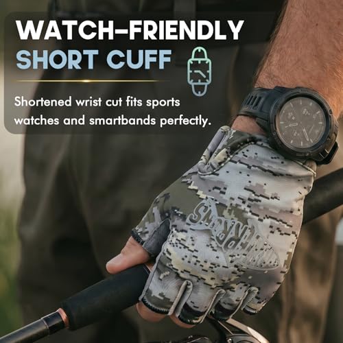 Riverruns SwiftShield Fishing Gloves Shortened Wrist UPF50+ Sun Gloves Fingerless Lightweight Breathable Hiking Driving Kayaking Paddling - color: CamoGray, size: Large