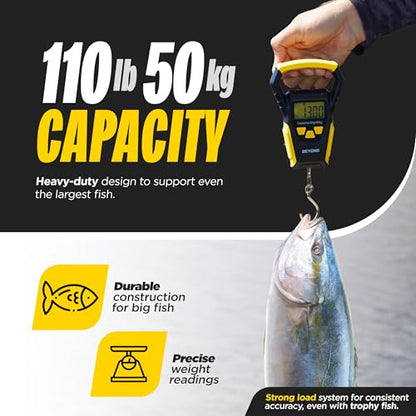 Beyond Fishing Digital Scale with Built-in Tape Measure – Weighs Up to 110lbs - LCD Display, Ounces - Pounds - Kilograms - Ergonomic Grip, Battery Powered, Portable Fish Weigher for Anglers