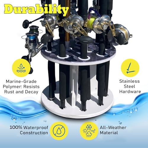 Rush Creek Creations Reel Salty Waterproof Marine Grade 16 Rolling Fishing Rod Holder Dock/Garage Storage Rack, Father's Day Gift, Gift for Dad and Grandpa, Gray/White, 29.8" L x 11.6" W x 30.9" H - style: Spinning Rod Rack