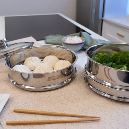 Joyce Chen 10-Inch Stainless Steel Two-Tier Steamer with Glass Lid & Wok Adapter Ring, 304 Stainless Steel, Dishwasher Safe - size: 10 inch - steel