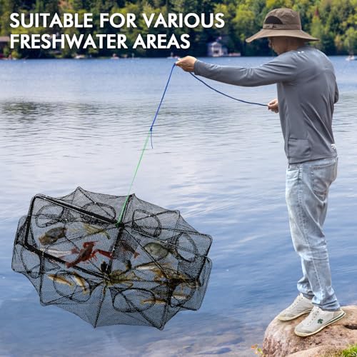 QualyQualy Fishing Bait Trap Crab Net Fishing Trap for Minnow/Crab/Shrimp/Crawdad with Rope, 6/8/10 Holes Large Space Fishing Net - size: 32*10‘’, style: 10 Holes - 1 Pcs