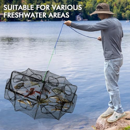 QualyQualy Fishing Bait Trap Crab Net Fishing Trap for Minnow/Crab/Shrimp/Crawdad with Rope, 6/8/10 Holes Large Space Fishing Net - size: 32*10‘’, style: 10 Holes - 1 Pcs