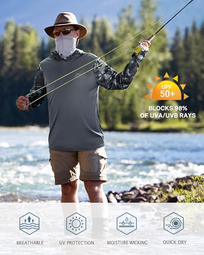 FISHEAL Men's Performance Fishing Hoodie Shirt - UPF 50+ UV Sun Protection Long Sleeve Shirts with Mesh Face Mask - color: Mask: Charcoal Gray, size: Medium