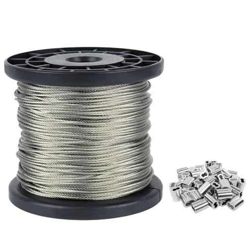 1/16" Wire Rope, 328ft Stainless Steel Cable with 100Pcs Aluminum Crimping Sleeves, Aircraft Cable, Picture Wire,7x7 Strand,368 lbs Breaking Strength - size: 1/16-inch