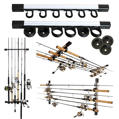 Rush Creek Creations 6 Rod Fishing Holder - Vertical/Horizontal Rack for Garage Organization and Wall Storage - color: White and Black, size: 1 PACK