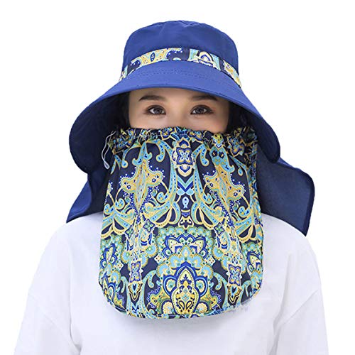 Women Wide Brim Face Mask Sun Hat Detachable Neck Face Flap Ponytail UV Protection Visor Hat Garden Fishing Hiking - color: M9099-navy