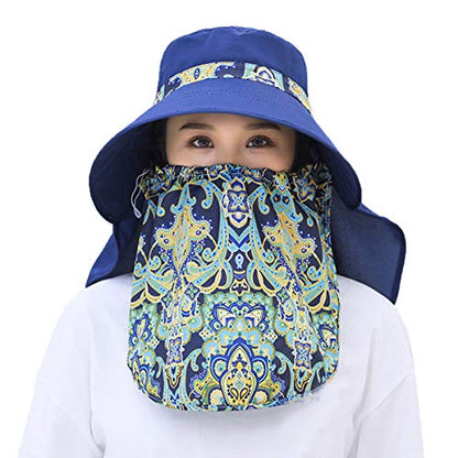 Women Wide Brim Face Mask Sun Hat Detachable Neck Face Flap Ponytail UV Protection Visor Hat Garden Fishing Hiking - color: M9099-navy