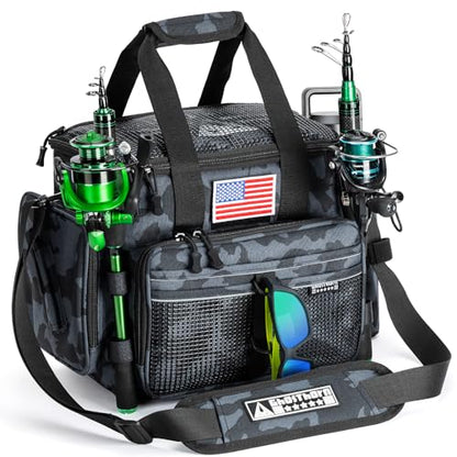 Ghosthorn Fishing Tackle Bag with Rod Holder Saltwater & Freshwater Resistant Tackle Box Bag - Adjustable Padded Shoulder Strap (Black Camouflage) - color: Black MiCai, size: Standard