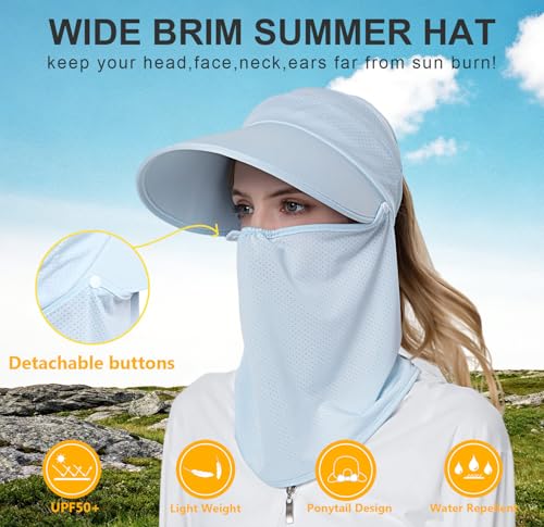 Women Wide Brim Face Mask Sun Hat Detachable Neck Face Flap Ponytail UV Protection Visor Hat Garden Fishing Hiking - color: Bg8094-lightblue