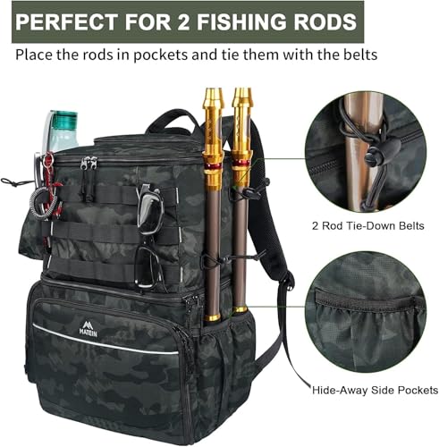 MATEIN Fishing Backpack, Water Resistant Tackle Storage Bag with Rod Holders & Cooler, Fishing Gifts for Men - color: Camouflage - Large