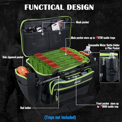 Goture Fishing Tackle Bag with 4pcs 3600 Tackle Boxes, 600D Water-Resistant Soft Side Saltwater Gear Storage Fishing Bag with Rod Straps, Detachable Water Bottle Pouch, Waterproof Bottom, SBS Zippers - color: C2:Black Green with 4 3600 Tackle Boxes, size:
