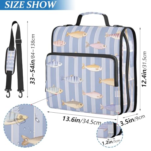 Fish Lure Blue Stripe 3 Ring Zipper Binder with Strap 1.5 inch 500 Sheet Capacity File Folder Storage Organizer