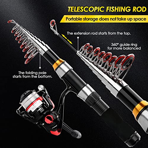 Telescopic Fishing Rod Reel Combo 2PCS 6.89FT Collapsible Fishing Pole Spinning Reel Lures Accessories with Fishing Bag Portable Fishing Rod Kit for Saltwater Freshwater Travel Fishermen Gift - color: Black