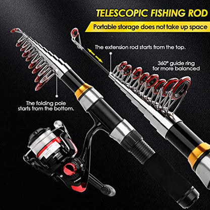 Telescopic Fishing Rod Reel Combo 2PCS 6.89FT Collapsible Fishing Pole Spinning Reel Lures Accessories with Fishing Bag Portable Fishing Rod Kit for Saltwater Freshwater Travel Fishermen Gift - color: Black