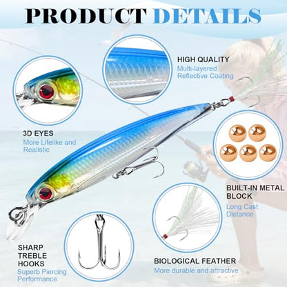 Floating Minnow Fishing Lures with Feathered Treble Hooks, 3D Lifelike Eyes & Holographic Finish, Topwater Hard Baits for Bass, Redfish, Freshwater & Inshore Saltwater Fishing, 3 Pack (A) - color: B-3.6inch/0.24oz/3pcs