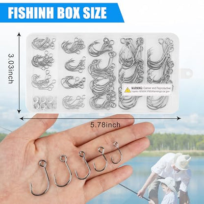 170pcs Inline Single Hooks Kit Single Replacement Inline Circle Hooks with Split Rings for Hard Lures Baits Freshwater Saltwater Fishing Tackle