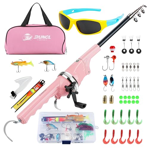 RUNCL Kids Fishing Pole - Portable Folding Fishing Rod and Reel Combo Kit with Spincast Fishing Reel, Kids Sunglasses, Tackle Box, Travel Bag, Gift for Children's Day