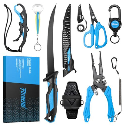 Fishing Tool Kit, Fishing Gear - Fishing Plier with Sheath, Fillet Knife, Fishing Scissors, Fish Lip Gripper, Tool Retractor, Keychain Bottle Opener, Fishing Gifts for Men - color: Blue-7Pcs