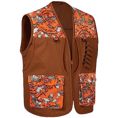 BASSDASH Upland Game Field Water-Resistant Bird Hunting Vest with Multi Pockets Men Women FV11 - color: Brown/Flame Camo, size: Large