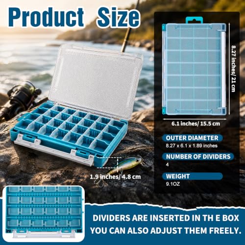Wonderjune 4 Pack 3500 Double-sided Waterproof Fishing Tackle Boxes with Adjustable Dividers and EVA Foam Plastic Fishing Tackle Trays Clear Lures Storage Organizer for Jig Hook Bait (Blue)