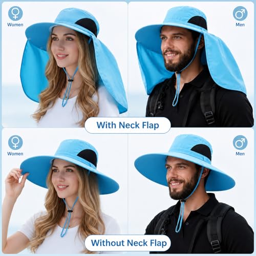 HUAMULAN Women Large Brim Sun Hat with Neck Flap, Men Quick Dry Hiking Fishing Safari Hat UPF 50+ - color: Yq005-blue