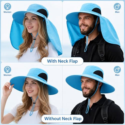 HUAMULAN Women Large Brim Sun Hat with Neck Flap, Men Quick Dry Hiking Fishing Safari Hat UPF 50+ - color: Yq005-blue