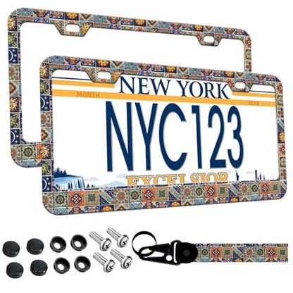 2-Pack Mexican Tiles License Plate Frames, 2 Holes Mandala Boho Aluminum License Plate Holder for Women Man License Plate Cover fits Vehicles 12.3" x 6.3" with Keychain Wrist Lanyard - color: Boho Mandala Mexican Tiles, size: 2PCS