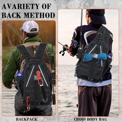 Fishing Tackle Bag Sling Shoulder Backpack with Rod & Gear Holder, Water Resistant & Weatherproof, Large Storage