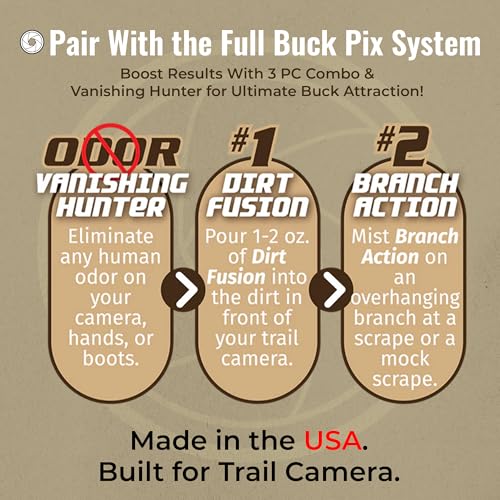 Buck Fever Buck Pix 2,3,4-Piece kit - Synthetic Deer Scent (4 oz Branch Action & 4 oz Dirt Fusion) for Whitetail & Mule - Non-Spoiling Deer Attractant for Outdoor Trail Camera - size: 3 - Piece Combo