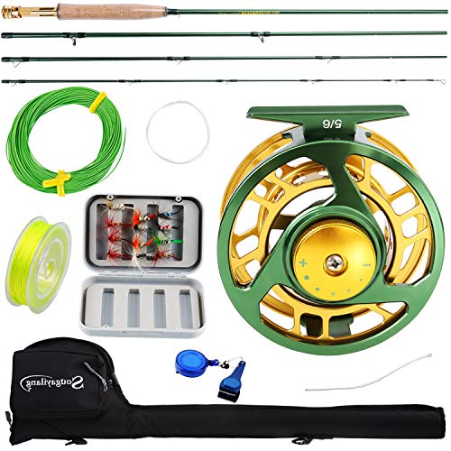 Sougayilang Fly Fishing Rod Reel Combos with Lightweight Portable Fly Rod and CNC-machined Aluminum Alloy Fly Reel,Fly Fishing Complete Starter Package - color: Fly Fishing Full Kit 5-6#-Green