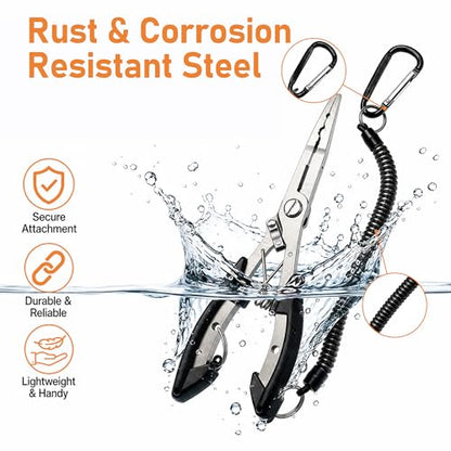6.5 Inch Long Black Fish Pliers, Lockable Stainless Steel Fishing Tool with Lanyard, Durable Fishing Pliers with Line Cutter for Saltwater & Freshwater Hook Remover