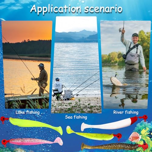 50pcs Soft Fishing Lures, Plastic Fishing Baits & Tackle Box, Paddle Tail Swimbaits Soft Plastic Lures Kit for Bass Trout Walleye Crappie