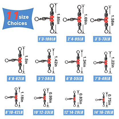 SILANON 3 Way T-Turn Barrel Swivels Fishing Tackle,40pcs Brass Barrel Triple Swivel Cross Line 3 Way Barrel Fishing Connector with Red Fishing Beads for Freshwater Saltwater Test 20-100LB - size: 2*4# 40pcs