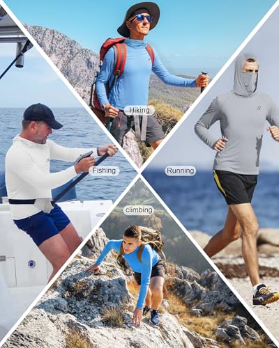 Roadbox Men's UPF 50+ Hooded Fishing Shirts Long Sleeve Sun Protection Hoodie, Hiking Running Swimming Rash Guard with Mask - color: Luxury Gray, size: Medium
