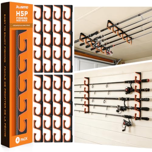 PLUSINNO H5P Fishing Rod Holder, Wall & Ceiling Mount Fishing Pole Holders for Garage, Fishing Rod Rack Holds 5/10/20 Rods, Combos & Fishing Nets - color: 4 Pack hold up 20 rods