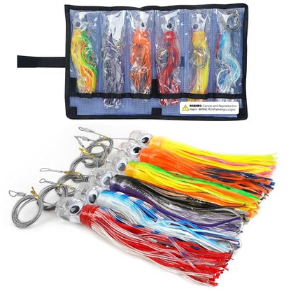Saltwater Fishing Lures 6/9inch Trolling Lures for Marlin Mahi Tuna Dolphin Shark Big Game Deep Sea Fishing Baits Squid Skirts Rigged Hooks Ocean Gear Tackle - color: 6pcs (with bag), size: 9inch