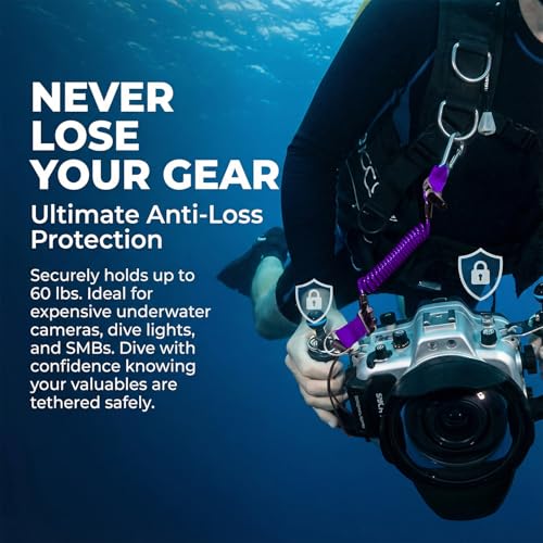 Scuba Diving Lanyard - Underwater Camera Lanyard, Anti-Loss Retractable Gear Tether with Quick-Release Buckle Clip - color: Purple