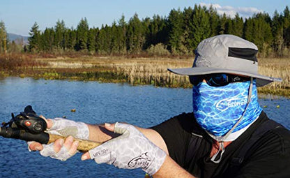 Fishoholic UPF50+ Fingerless Fishing Gloves - Sticky Grip Sun Protection Glove - Kayaking Paddling or Rowing - color: Grey H2O Camo, size: S / M