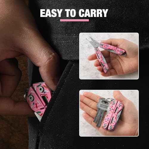 VIRENKNIFE 13-in-1Multi Tool Pliers, Stainless Steel Mini EDC Multitool with Pocket Knife,Screwdriver，Bottle Opener，Fishing Hook Sharpener，Perfect for Camping, Hiking, Fishing（Donut） - color: Pink Donut