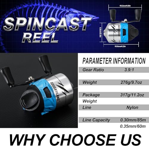 Sougayilang Spincast Fishing Reel,High Speed 3.9:1 Gear Ratio,Trouble-Free Push-Button Bait Casting Design and Reversible Handle for Left/Right Retrieve,Pre-Spooled with Monofilament Line - color: Blue Spincast Reel
