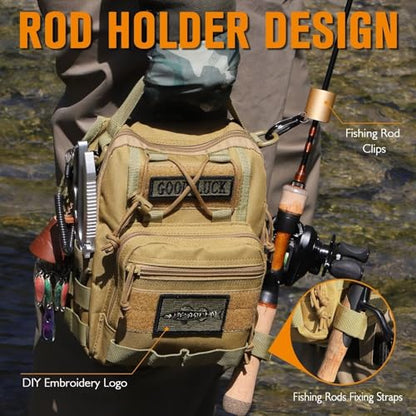 Dovesun Small Fishing Backpack, Waterproof Fly Fishing Sling Pack Tackle Bag with Tackle Boxes - color: B-Khaki(Size:17.7*8.5*5.7in)
